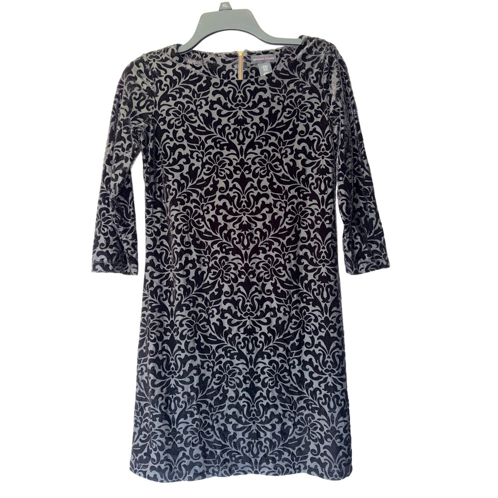 Adrienne Vittadini‎ Vintage Black Silver Velvet Damask Shift Dress XS